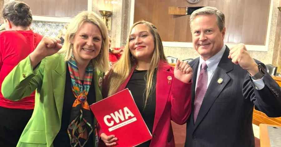 AFL-CIO President Liz Shuler, WFWU-CWA member Kieran Cuadras, and Virginia Congressman Don Norcross
